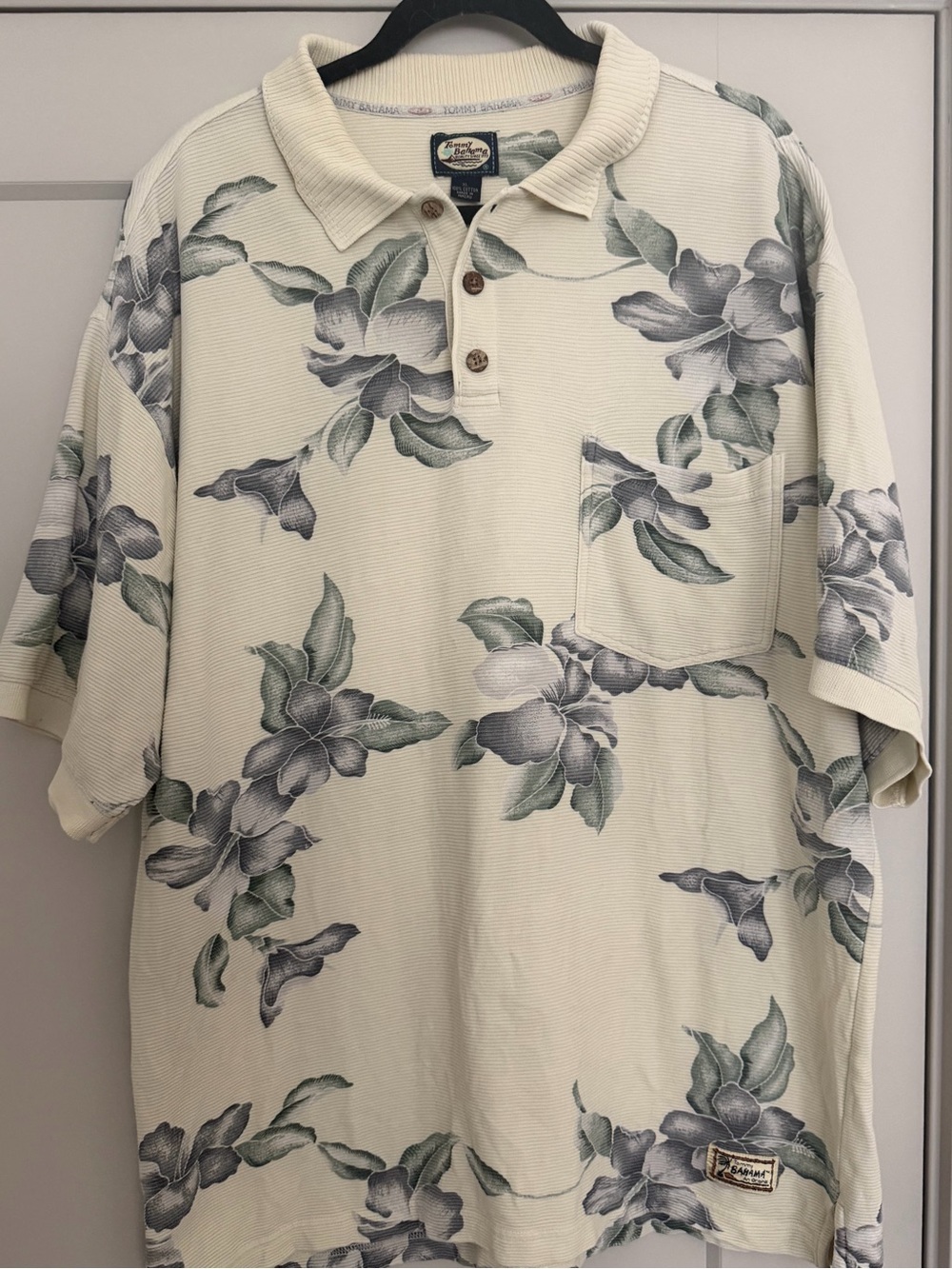 Tommy Bahama Cream Polo with Green-Gray Floral Print